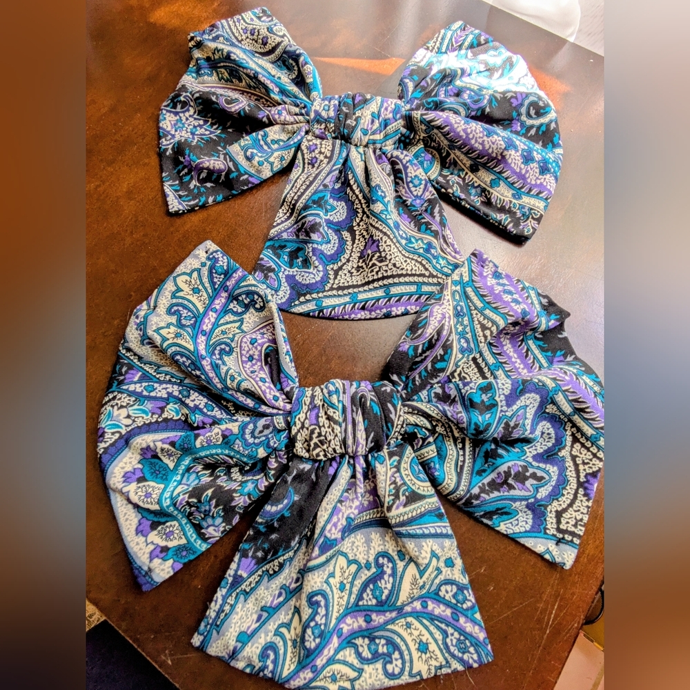 2 Beautiful Bows. Multipurpose. Blues, Purple, White & Black. 10"